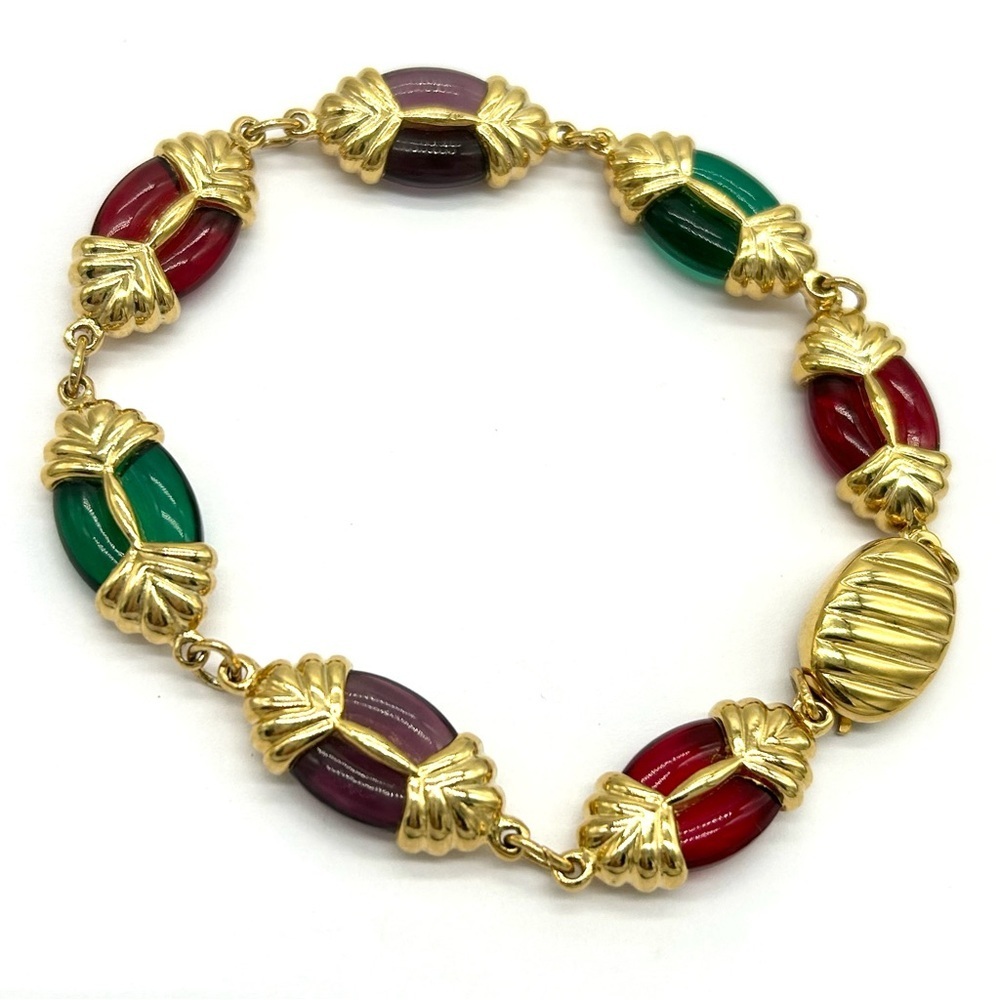 Swarovski Crystal Vintage Red Green Purple Cabachon Link Bracelet